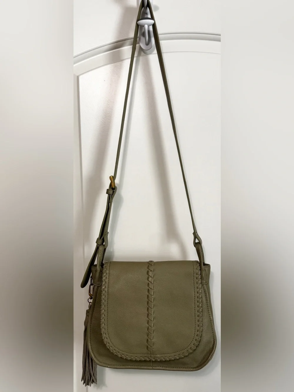 HOBO Brio Olive Leather Whipstitched Tassel Crossbody Bag